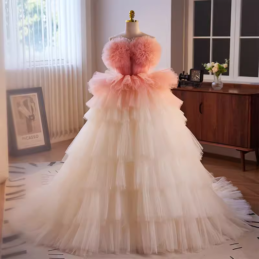 Robe de bal Vintage sans bretelles, en Tulle rose ombré, à fleurs, douce 16 robes, B109