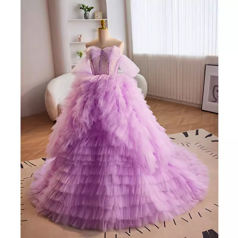 Robe de bal vintage sans bretelles en tulle lilas à volants Sweet 16 robes B110