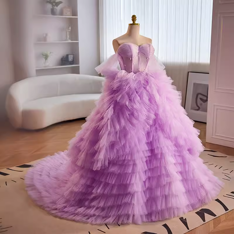 Robe de bal vintage sans bretelles en tulle lilas à volants Sweet 16 robes B110