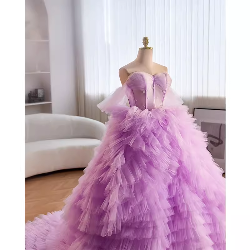 Vintage Ball Gown Strapless Lilac Tulle Ruffles Sweet 16 Dresses B110
