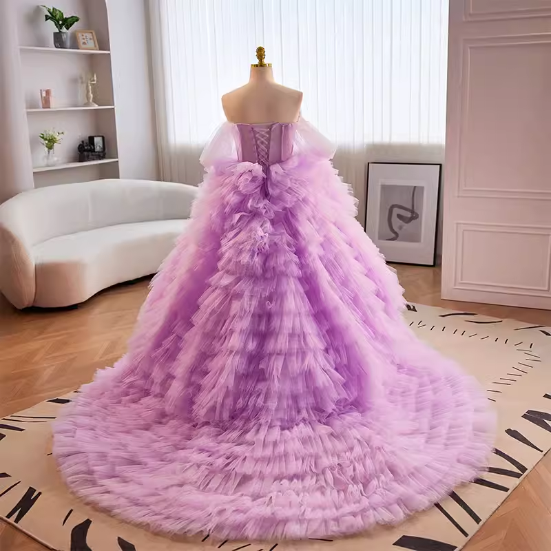 Robe de bal vintage sans bretelles en tulle lilas à volants Sweet 16 robes B110