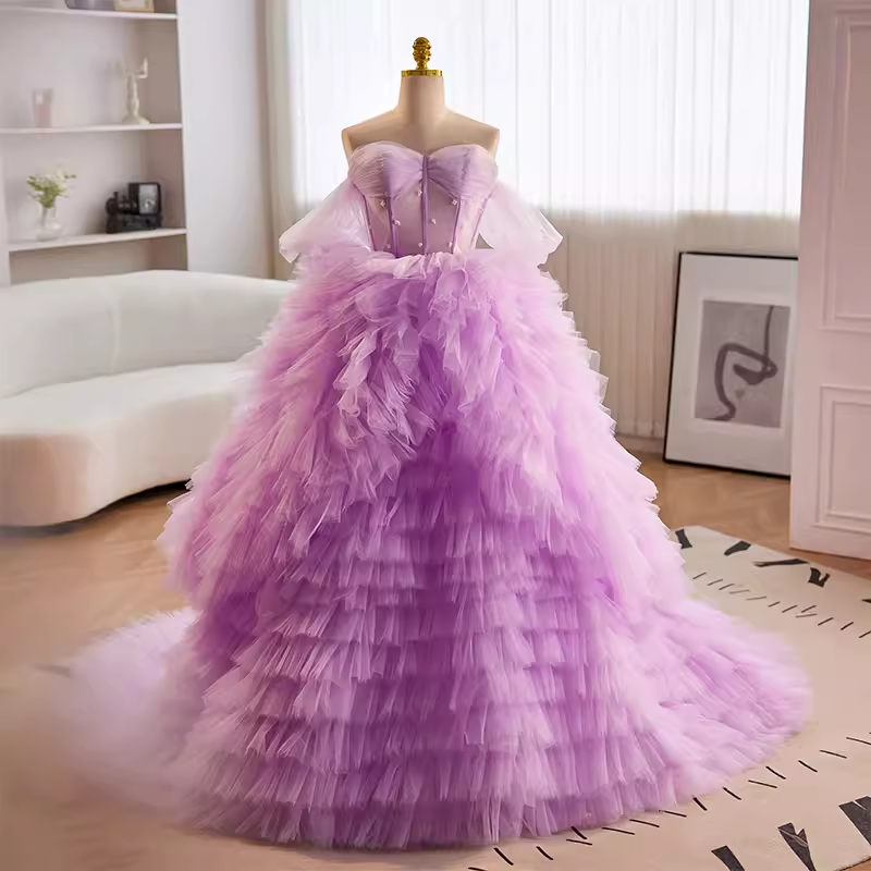 Robe de bal vintage sans bretelles en tulle lilas à volants Sweet 16 robes B110