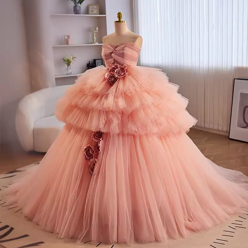 Vintage Ball Gown Strapless Pink Tulle Ruffles Sweet 16 Dresses B111