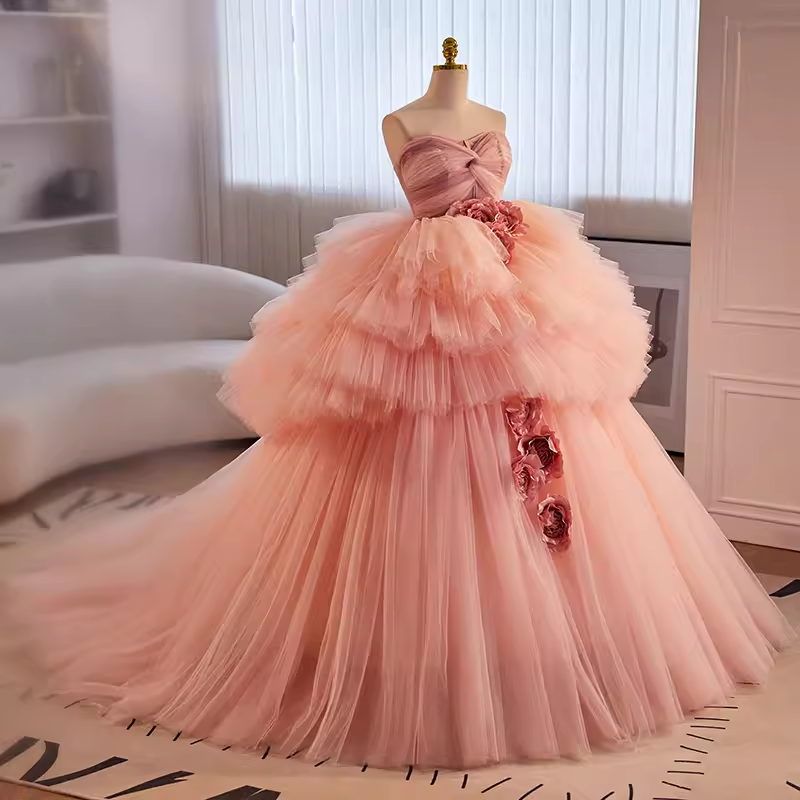 Vintage Ball Gown Strapless Pink Tulle Ruffles Sweet 16 Dresses B111