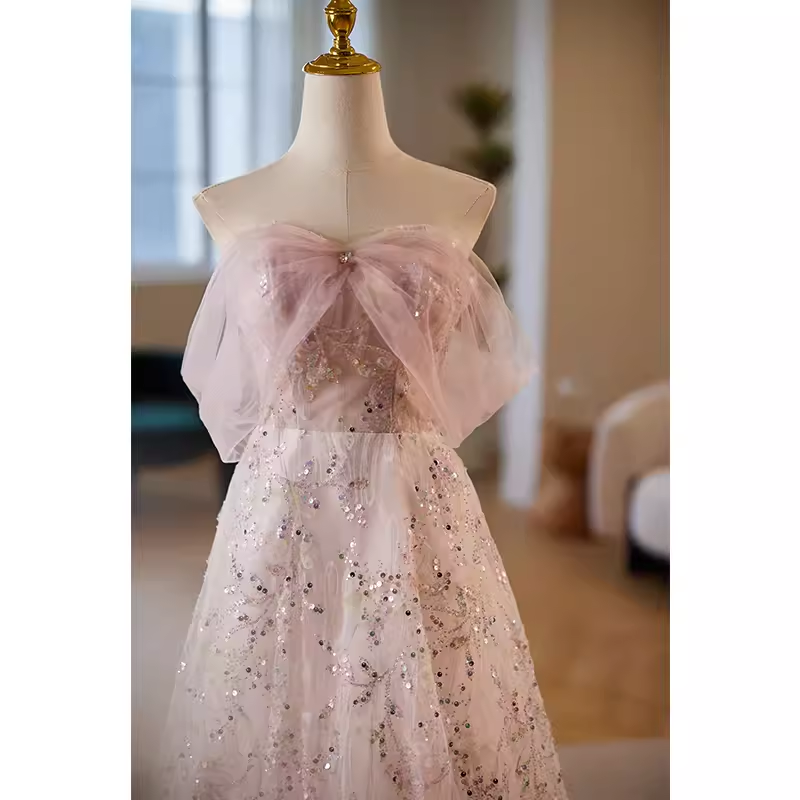Modest A line Strapless Long Tulle Pink Prom Dress B112
