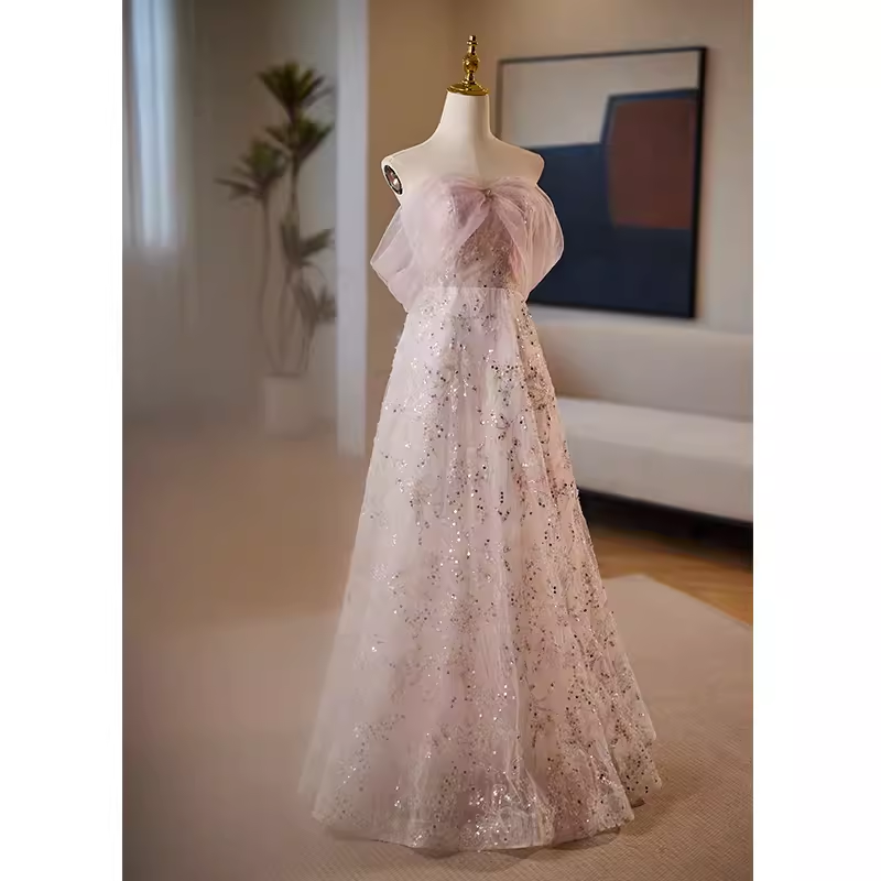 Modest A line Strapless Long Tulle Pink Prom Dress B112