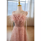 Robe de bal rose à paillettes, ligne A, modeste, longue, bretelles, B113