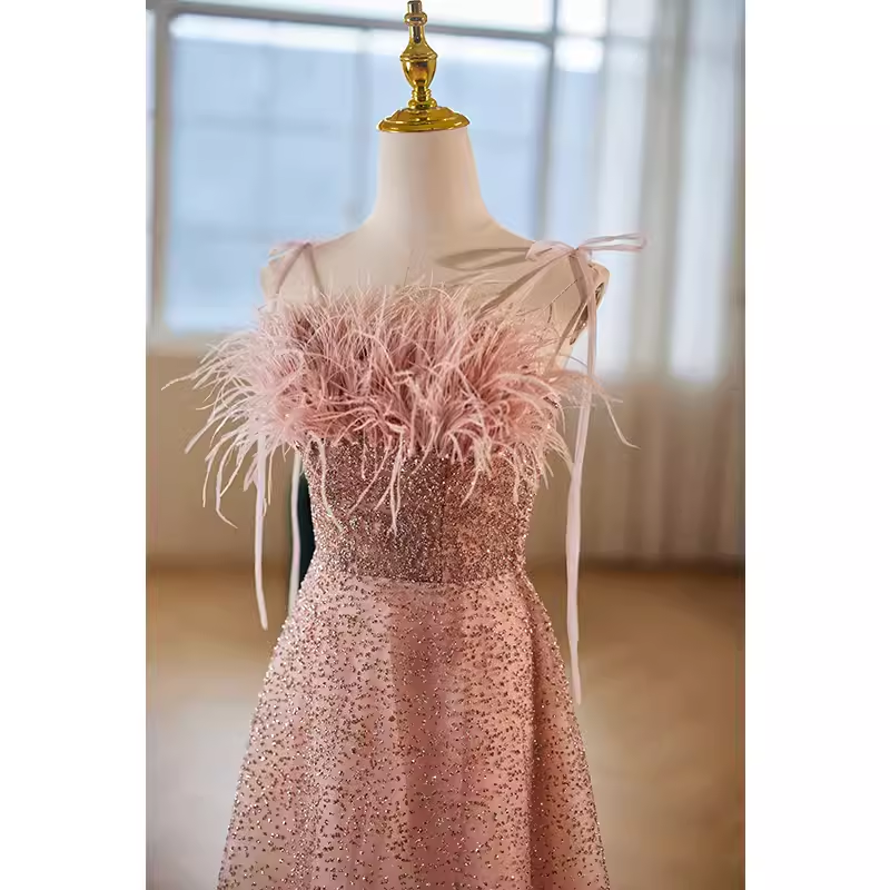 Modest A line Straps Long Sequin Pink Prom Dress B113
