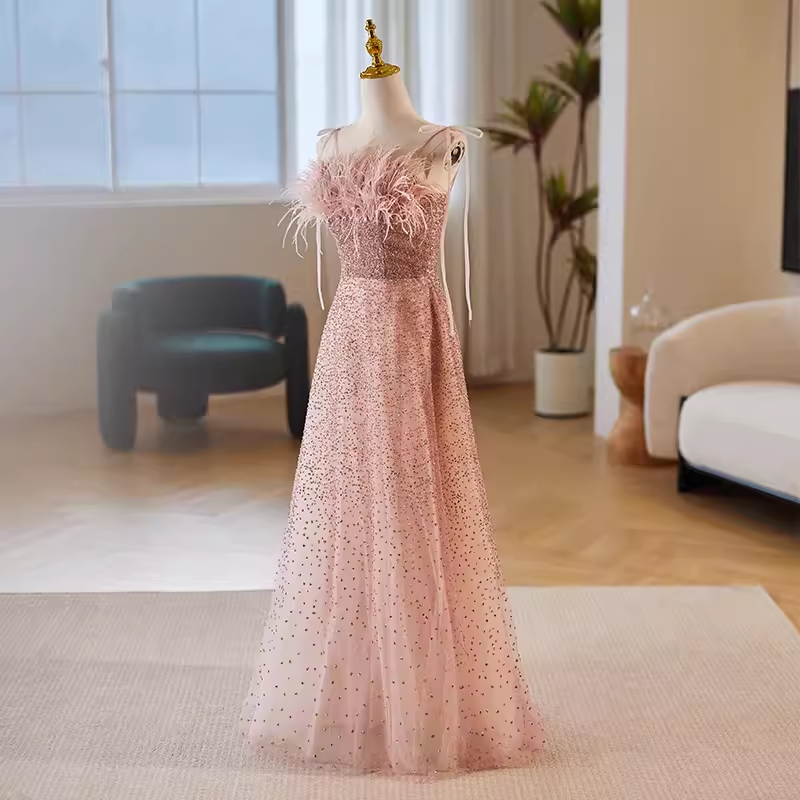 Modest A line Straps Long Sequin Pink Prom Dress B113