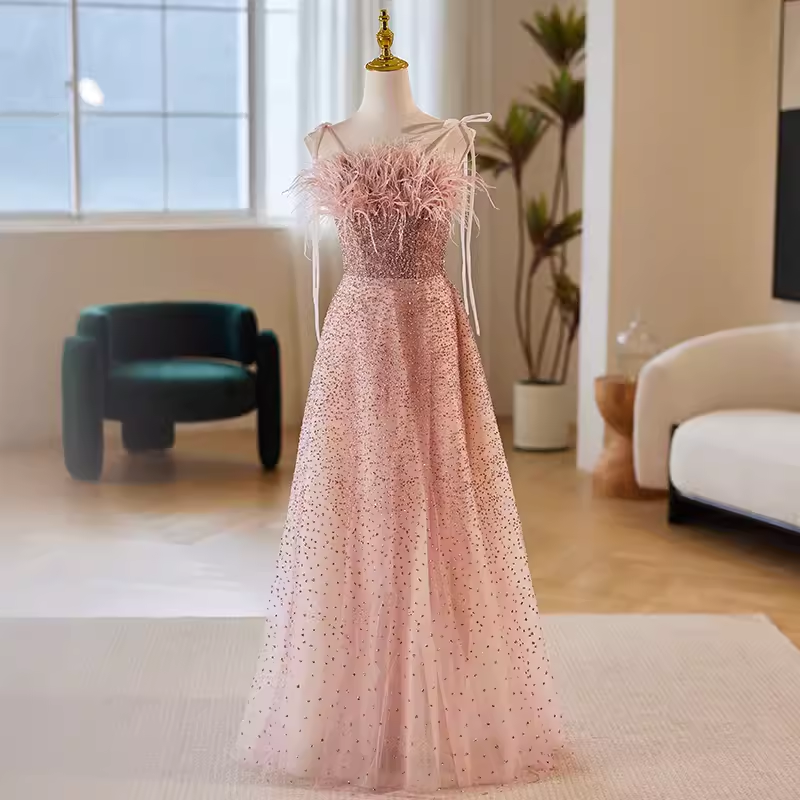 Modest A line Straps Long Sequin Pink Prom Dress B113