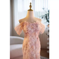 Robe de bal longue rose sirène modeste à épaules dénudées B114