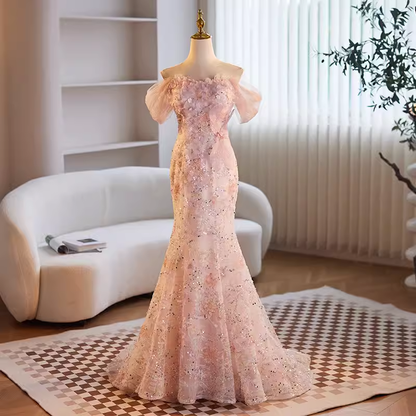 Modest Mermaid Off The Shoulder Long Pink Prom Dress B114