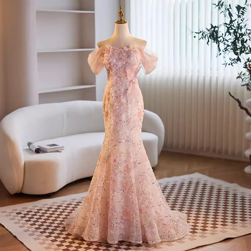 Modest Mermaid Off The Shoulder Long Pink Prom Dress B114 – BlingDress