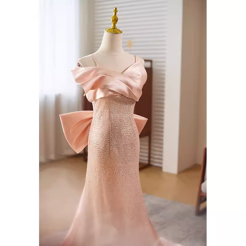 Modest Mermaid Straps Satin Long Pink Prom Dress B115