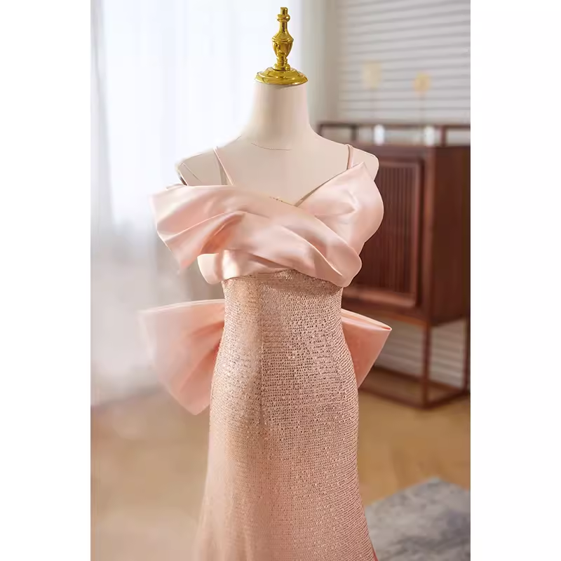 Modest Mermaid Straps Satin Long Pink Prom Dress B115