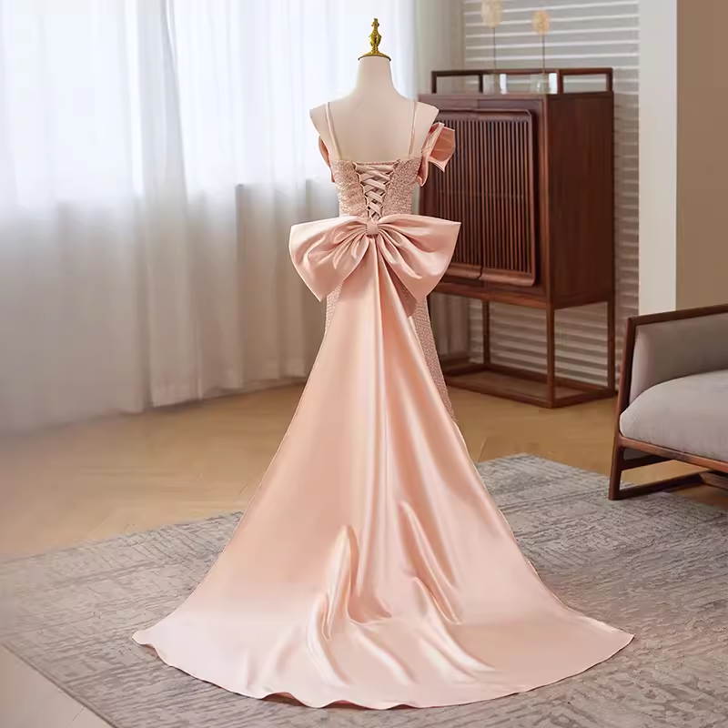Modest Mermaid Straps Satin Long Pink Prom Dress B115