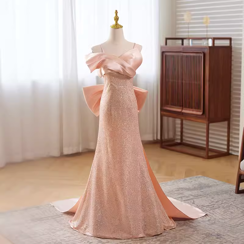 Modest Mermaid Straps Satin Long Pink Prom Dress B115