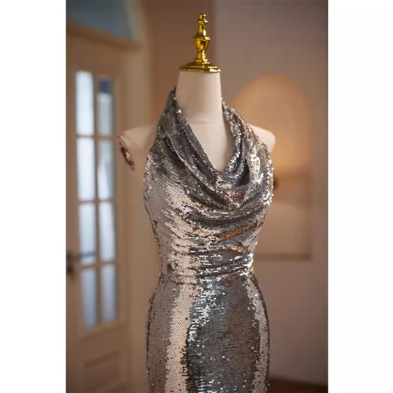 Modest Mermaid Halter Sequin Long Silver Prom Dress B116