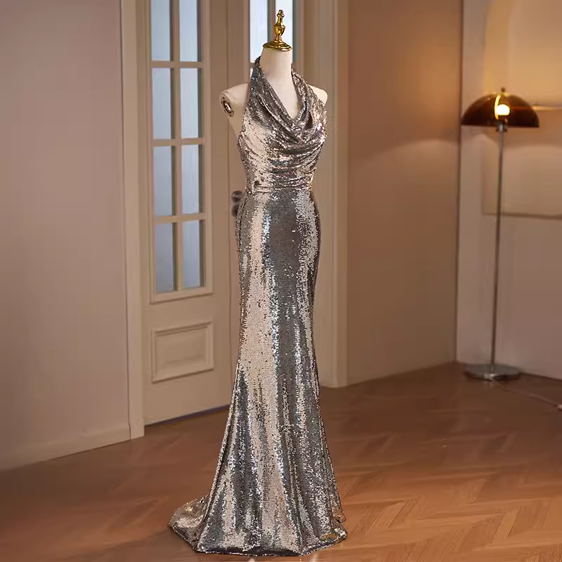 Modest Mermaid Halter Sequin Long Silver Prom Dress B116