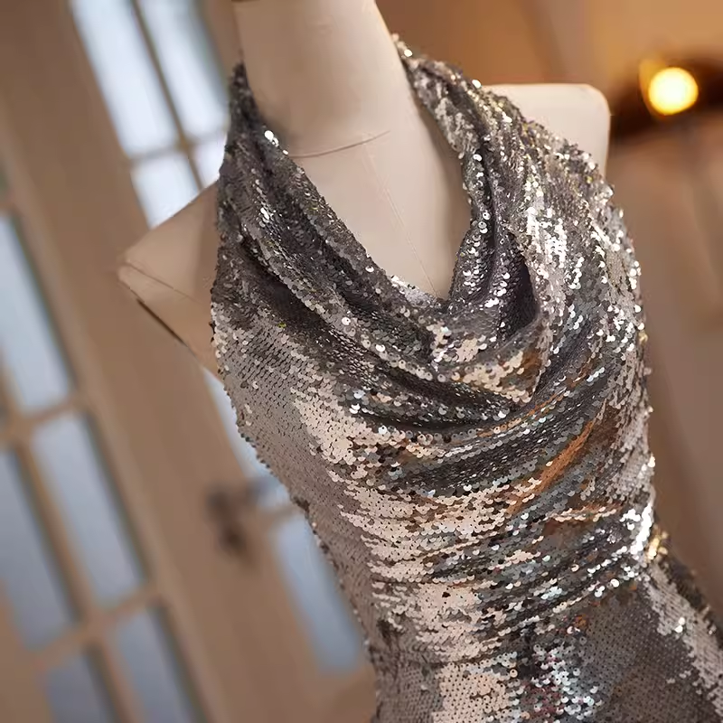 Modest Mermaid Halter Sequin Long Silver Prom Dress B116