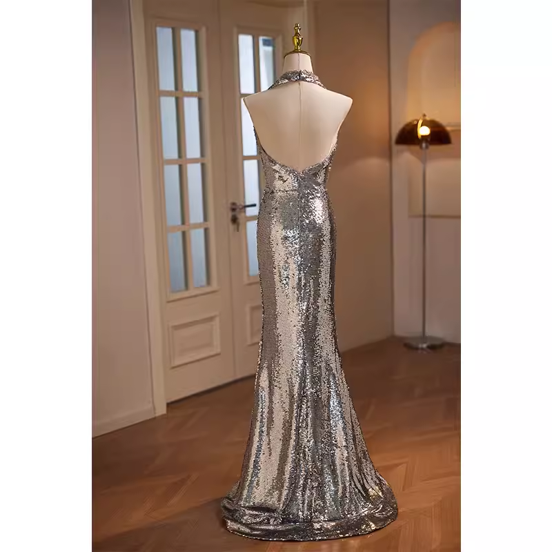 Modest Mermaid Halter Sequin Long Silver Prom Dress B116
