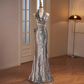 Modest Mermaid Halter Sequin Long Silver Prom Dress B116