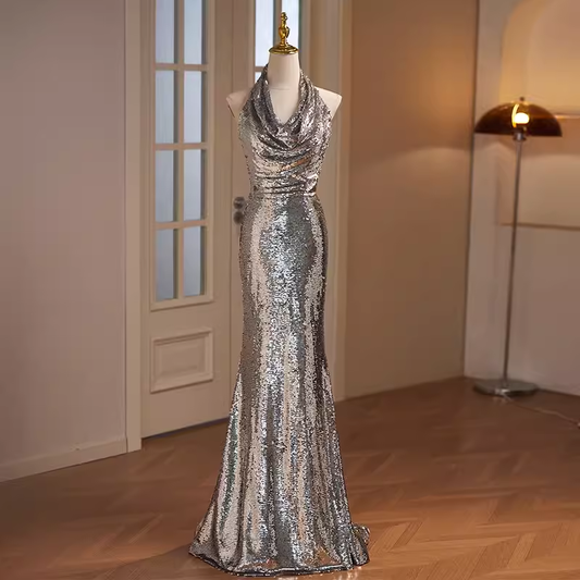 Modest Mermaid Halter Sequin Long Silver Prom Dress B116
