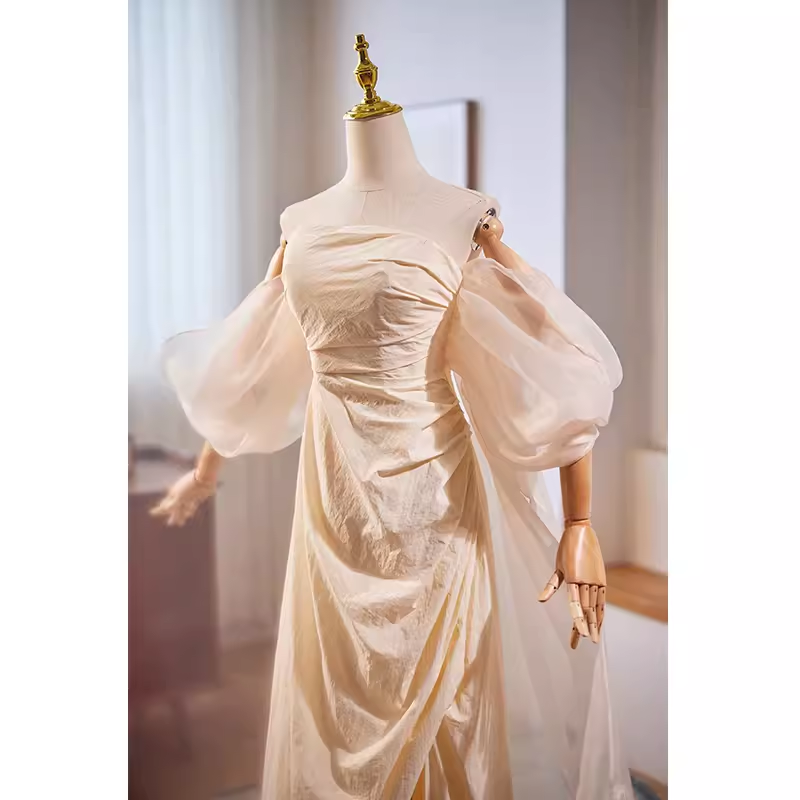 Vintage A line Strapless Long Champagne Prom Dress B117