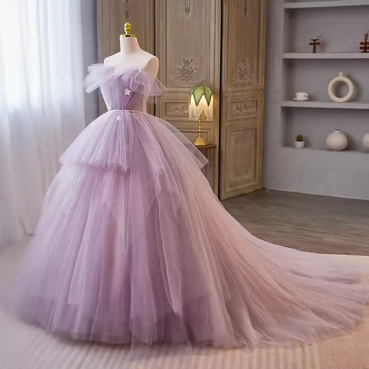 Robe de bal vintage sans bretelles en tulle lilas à volants Sweet 16 robes B118