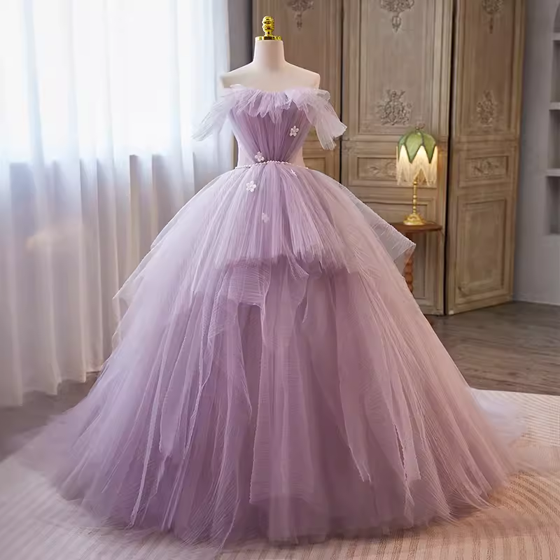 Robe de bal vintage sans bretelles en tulle lilas à volants Sweet 16 robes B118