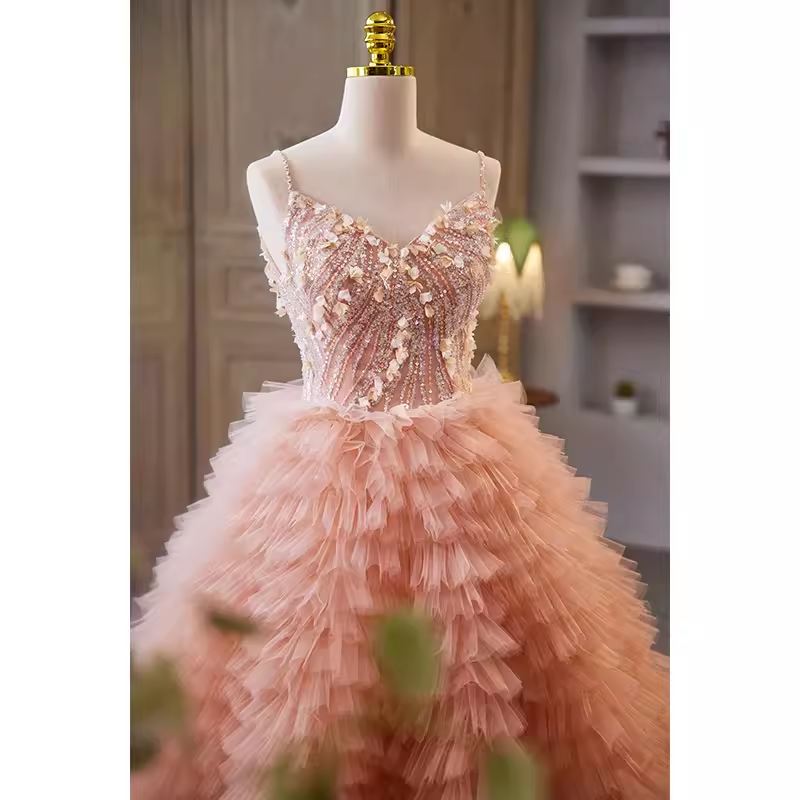 Vintage Ball Gown Straps Pink Tulle Beads Ruffles Sweet 16 Dresses B119