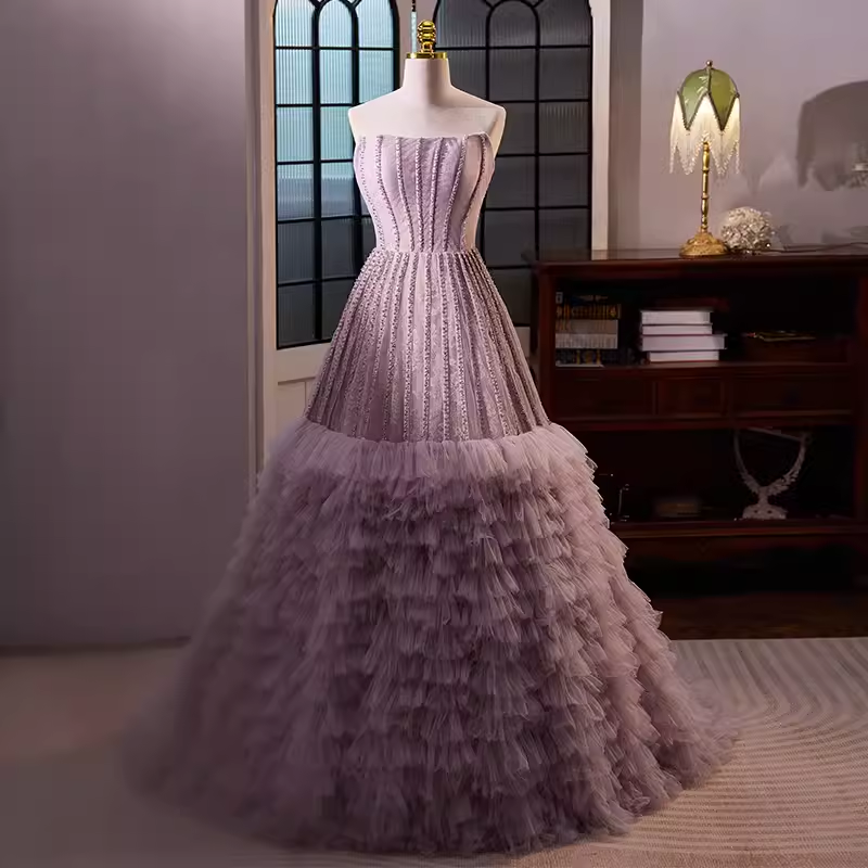 Vintage Ball Gown Strapless Lilac Tulle Beads Ruffles Sweet 16 Dresses B121