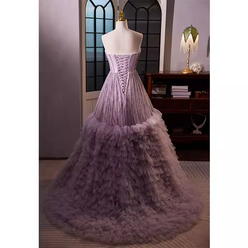 Vintage robe de bal sans bretelles lilas Tulle perles volants doux 16 robes B121