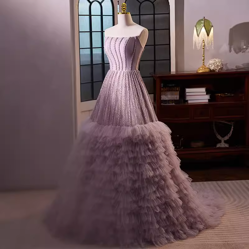 Vintage Ball Gown Strapless Lilac Tulle Beads Ruffles Sweet 16 Dresses B121
