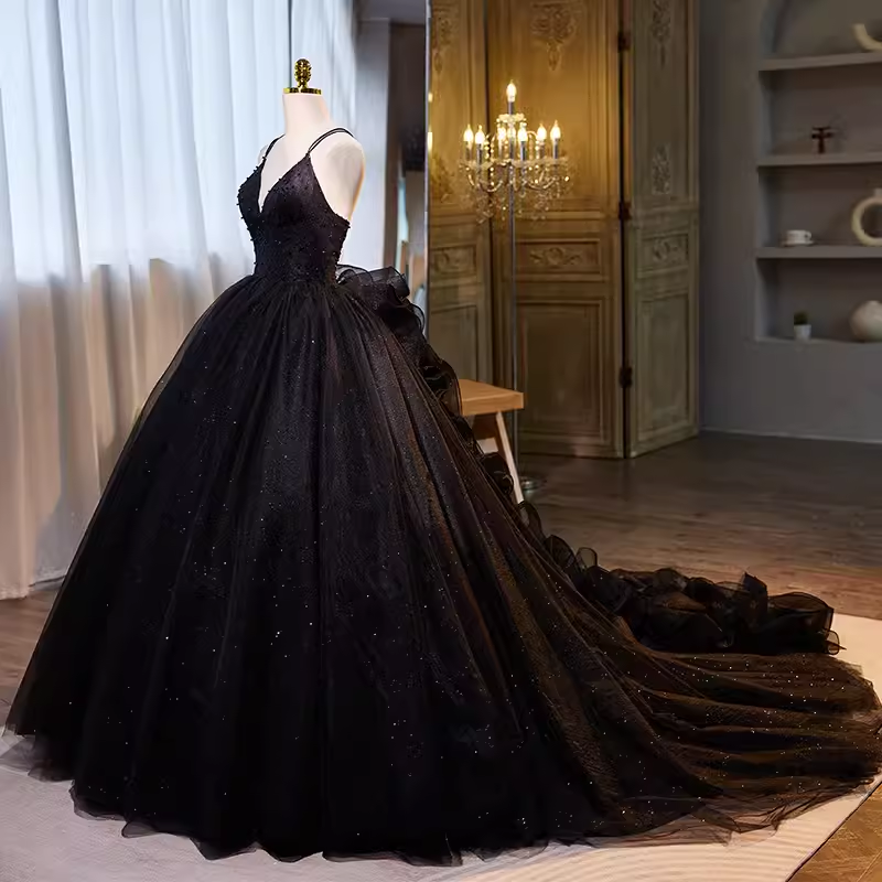 Vintage Ball Gown Straps Tulle Black Sweet 16 Dresses B122 – BlingDress