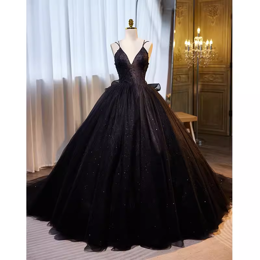 Vintage Ball Gown Straps Tulle Black Sweet 16 Dresses B122