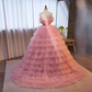Robe de bal vintage sans bretelles en tulle à volants rose doux 16 robes B124