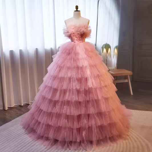 Vintage Ball Gown Strapless Tulle Ruffles Pink Sweet 16 Dresses B124