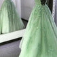 Simple A-Line Spaghetti Straps Lace Green Backless Long Prom Dress B229