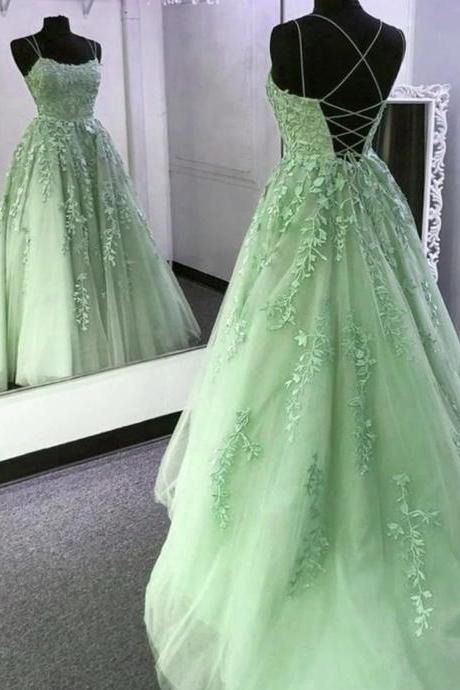 Simple A-Line Spaghetti Straps Lace Green Backless Long Prom Dress B229
