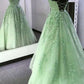 Simple A-Line Spaghetti Straps Lace Green Backless Long Prom Dress B229