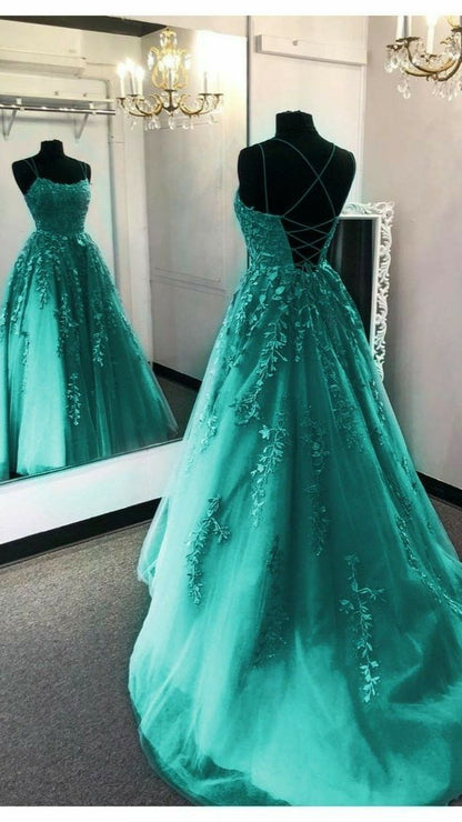 Simple A-Line Spaghetti Straps Lace Green Backless Long Prom Dress B229