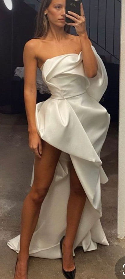 High Low Strapless White Long Evening Dress Slit Prom Dresses B270