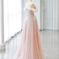 A-ligne épaules dénudées perles de tulle rose longue robe de bal B299
