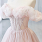 A-ligne épaules dénudées perles de tulle rose longue robe de bal B299