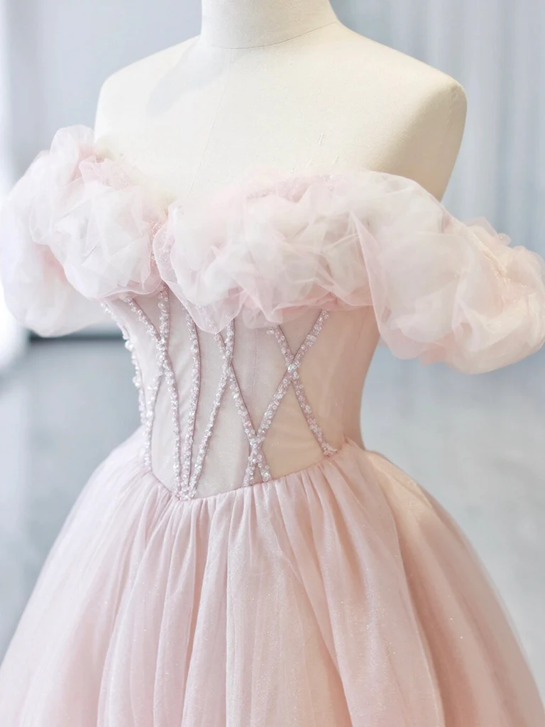 A-Line Off Shoulder Tulle Beads Pink Long Prom Dress B299