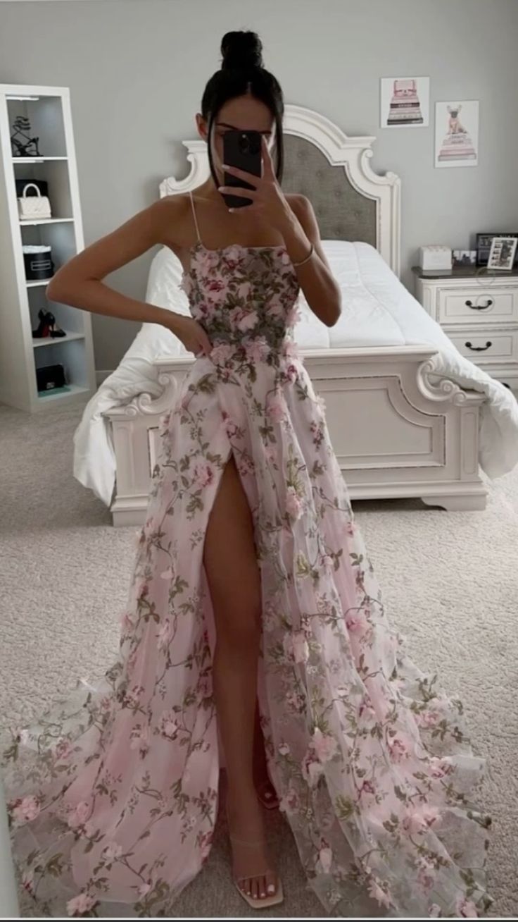 Simple A line Floral Tulle Slit Long Prom Dress B303