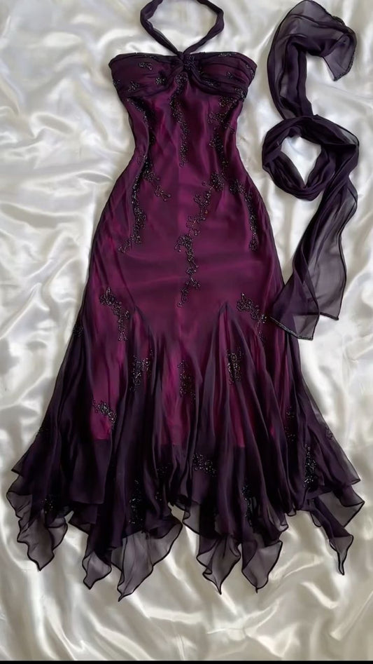 Simple Mermaid Sleeveless Halter Grape Prom Dress B324