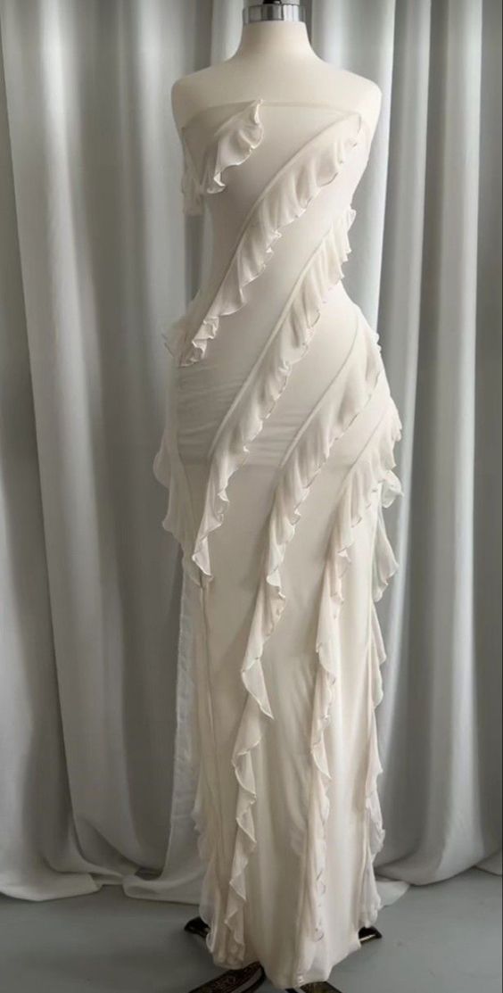 Simple Sheath Sleeveless White Ruffles Long Prom Dress B329