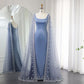 Luxury Crystal Blue Mermaid Evening Dresses with Cape Sleeves Prom Dress B339
